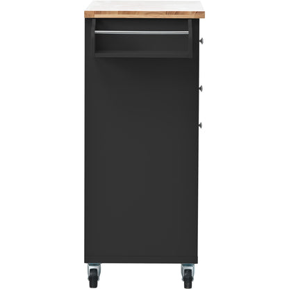 K&K Store Kitchen Cart with Spice Rack ,Towel Rack & Two Drawers,Rubber wood top,Kitchen Island with 4 Wheels for Dining Rooms Kitchens Living Rooms, Black