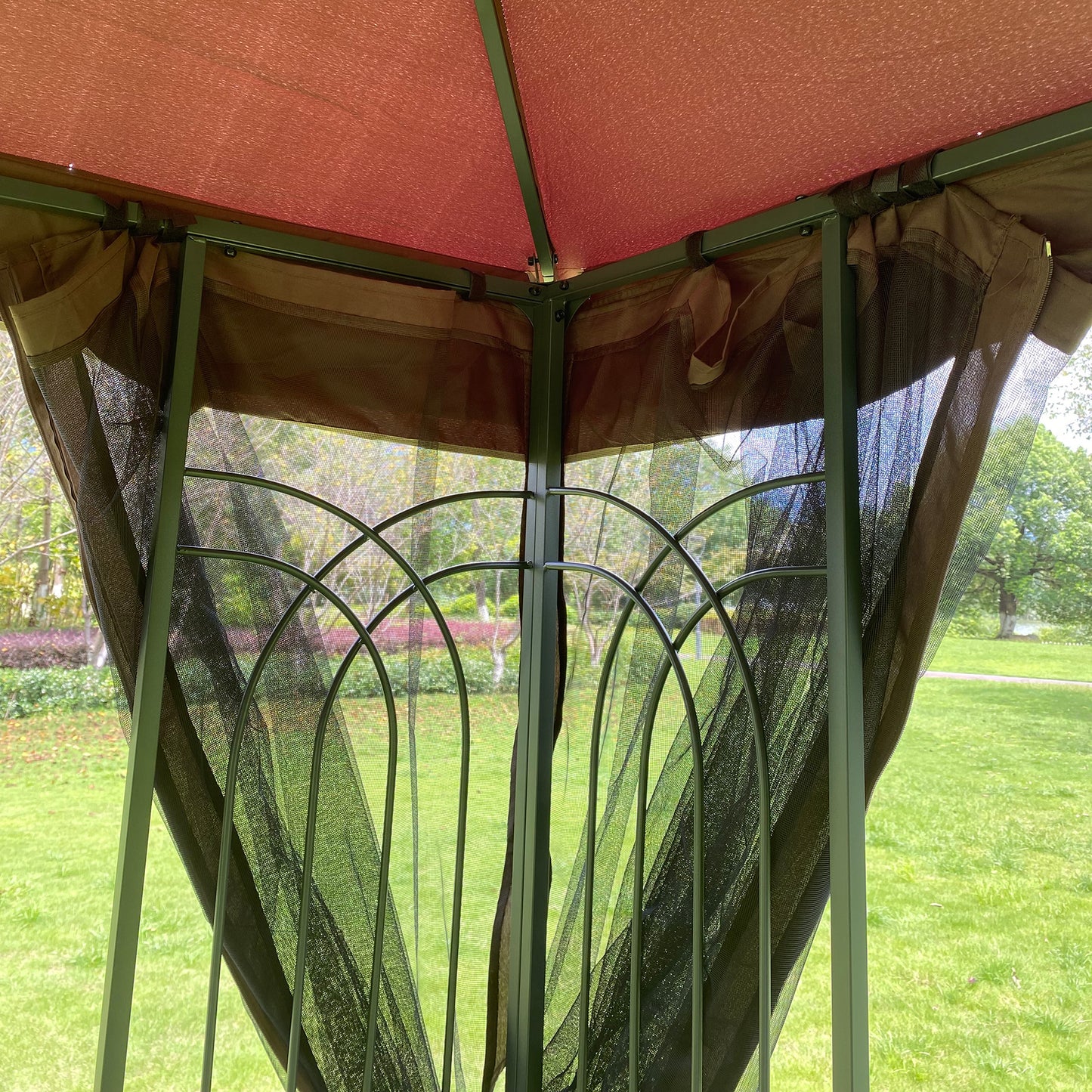 10x10 Outdoor Patio Gazebo Canopy Tent With Ventilated Double Roof And Mosquito net (Detachable Mesh Screen On All Sides)-Brown Top