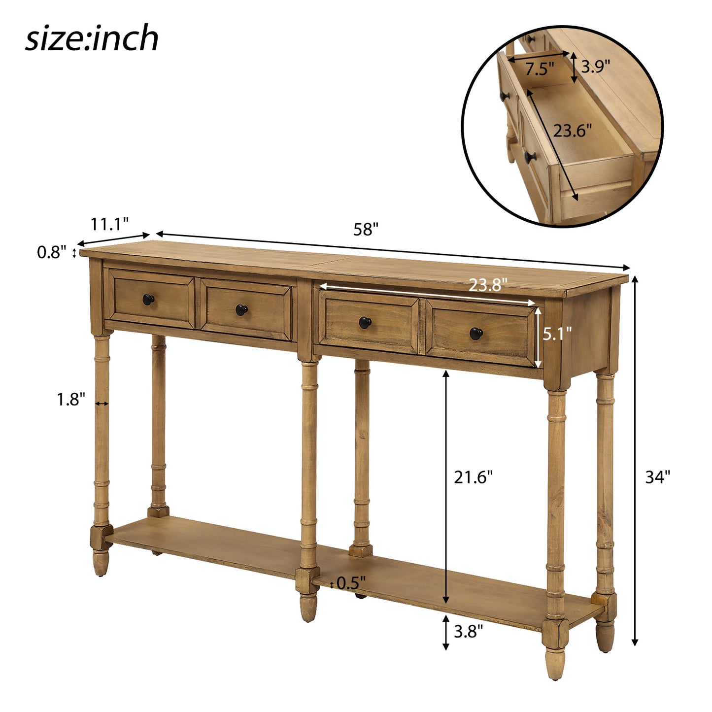 TREXM Table Sofa Table Easy Assembly with Two Storage Drawers and Bottom Shelf for Living Room, Entryway (Old Pine)