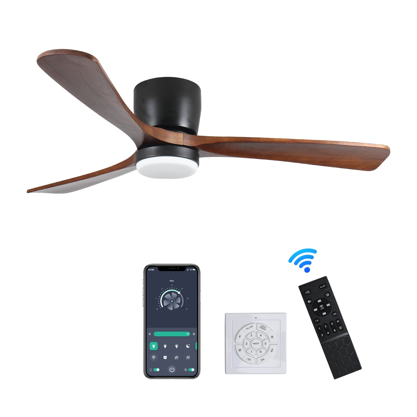 42 inch Black Wood Ceiling Fans with Lights and Remote, Modern Flush Mount Low Profile Ceiling Fan with Light, 6 Speed, Reversible DC Motor, for Bedroom/Outdoor/Farmhouse/Patios