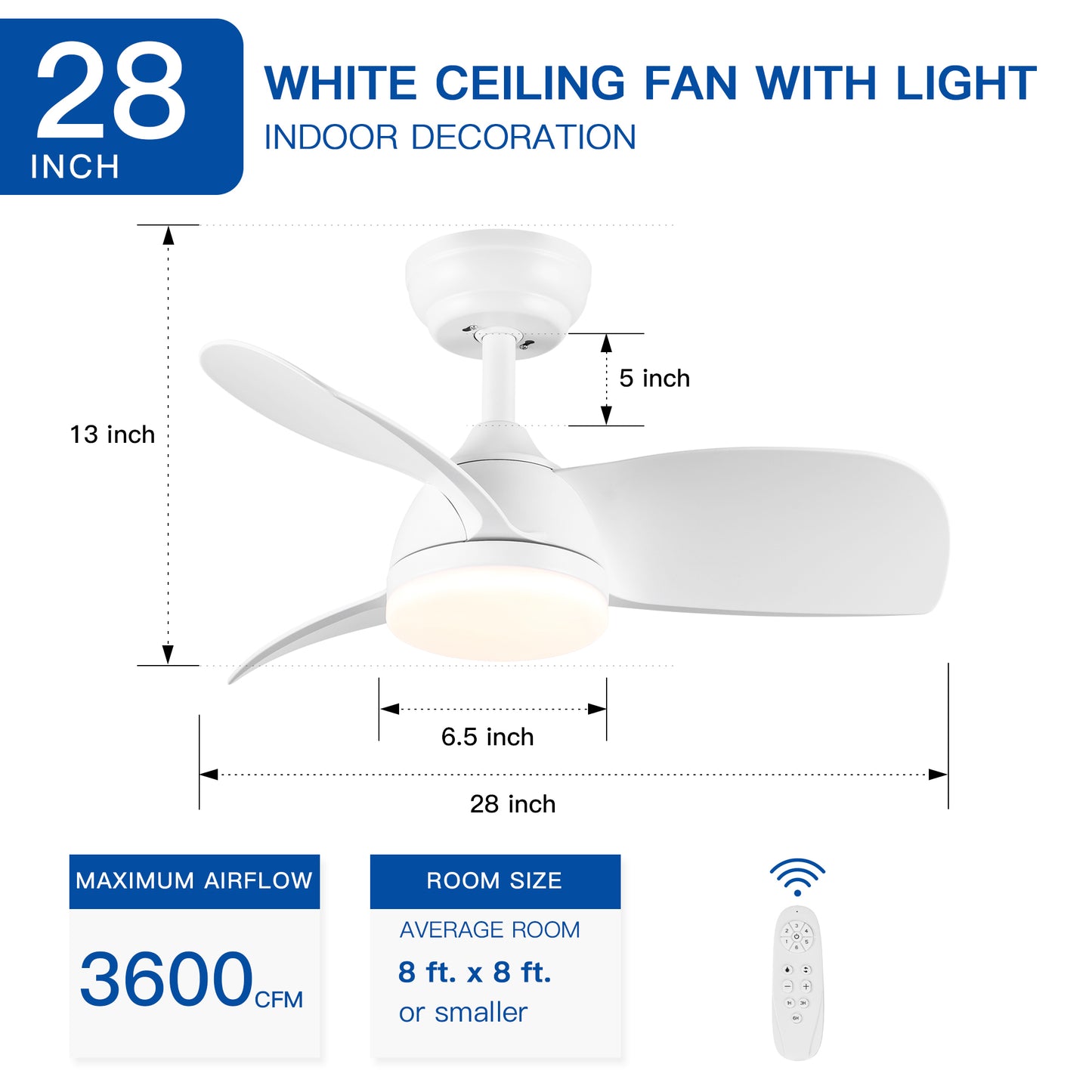 28 In Intergrated LED Ceiling Fan Lighting with White ABS Blade