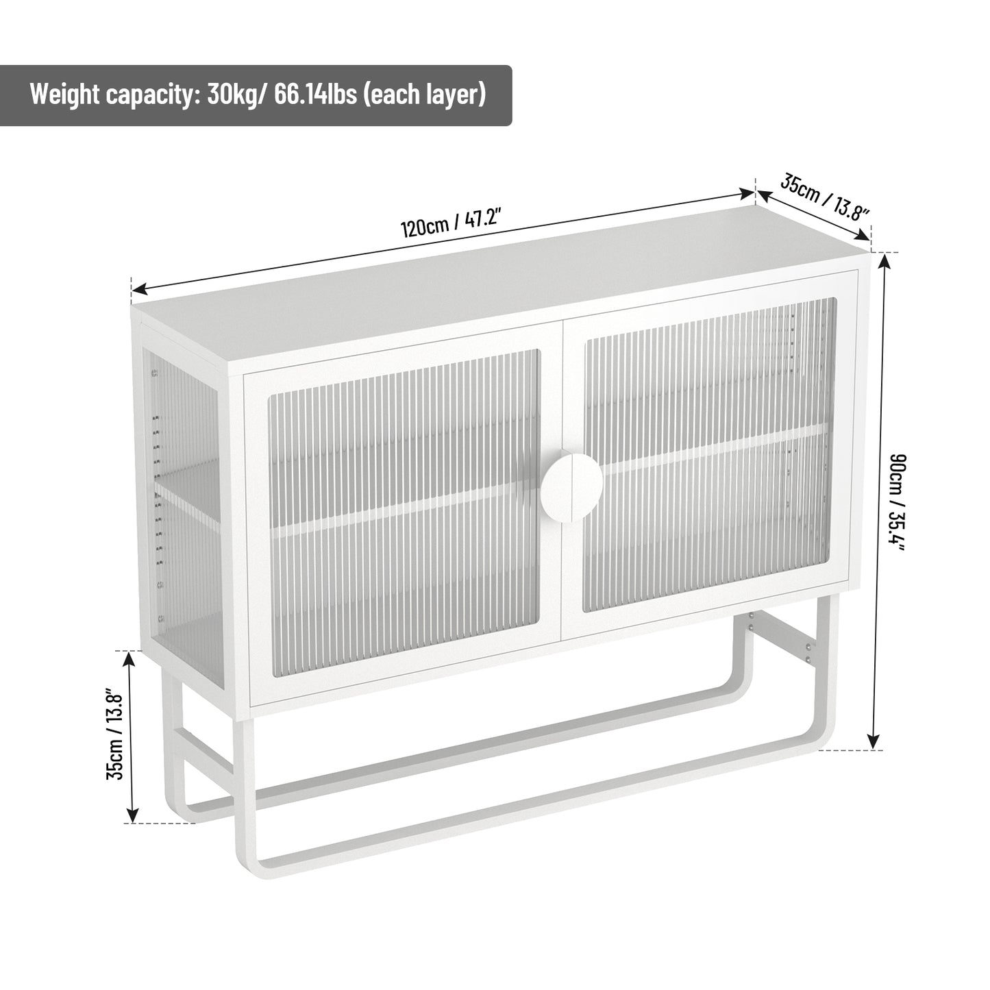 Tempered Glass Cabinet Credenza with 2 Fluted Glass Doors Adjustable Shelf U-shaped Leg Anti-Tip Dust-free Enclosed Cupboard for Living Room and Kitchen-White