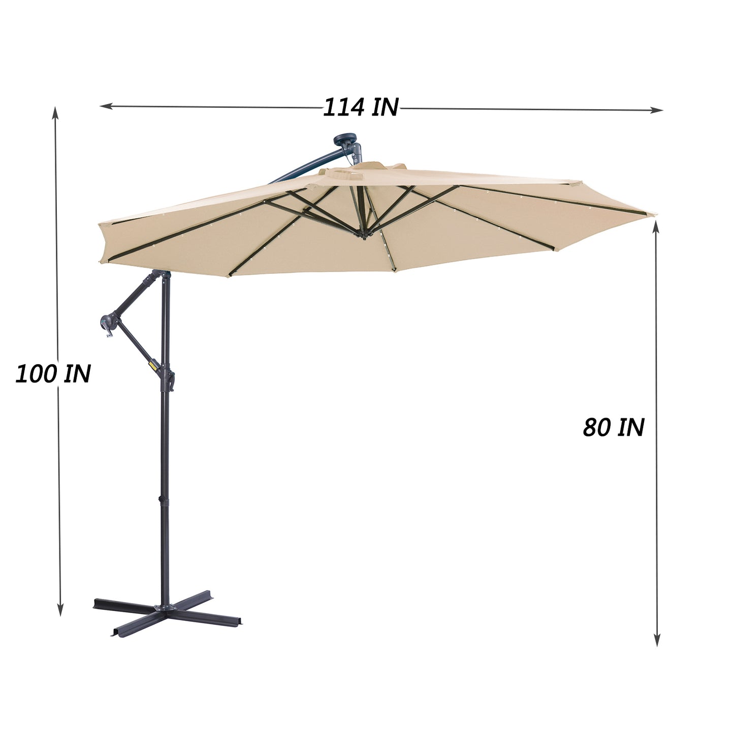 10 FT Solar LED Patio Outdoor Umbrella Hanging Cantilever Umbrella Offset Umbrella Easy Open Adustment with 24 LED Lights - tan