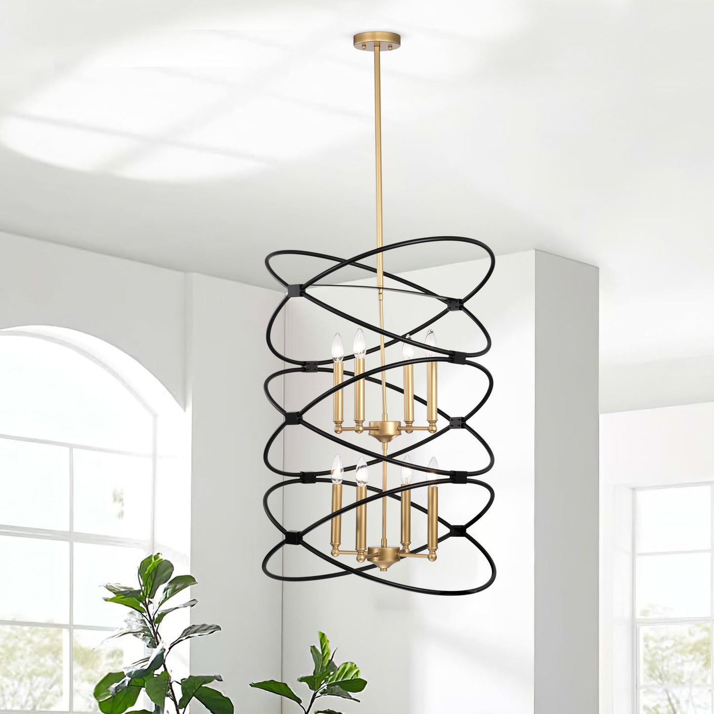 Transitional Gold/Matte Black Metal Chandelier indoor or outdoor Fixture, 8 lights, 2-Tier-Candle Ceiling Light for Living Room, Bedroom, Dining Room, Dimmable, E12, W23.6*H55