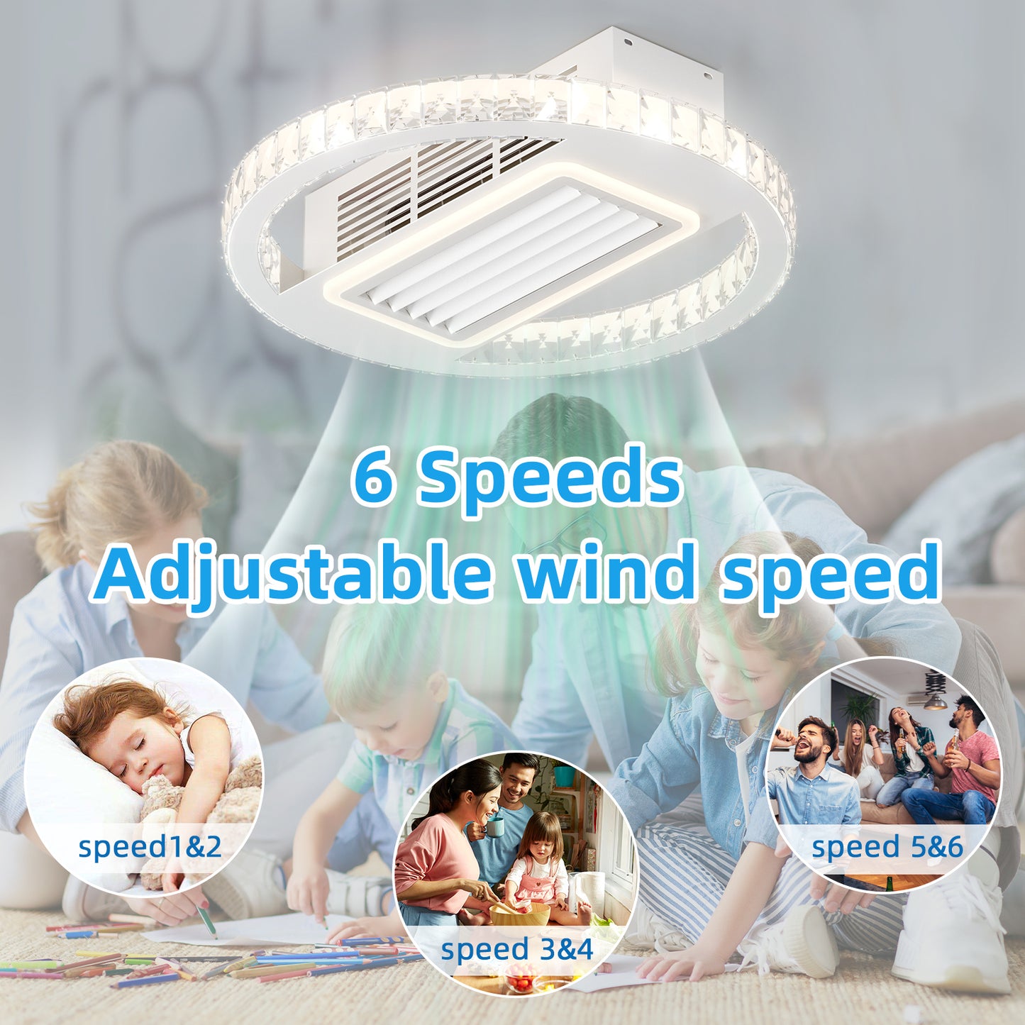 21-Inches Bladeless Ceiling Fan with Lights Remote Control Dimmable LED, 6 Gear Wind Speed Fan Light