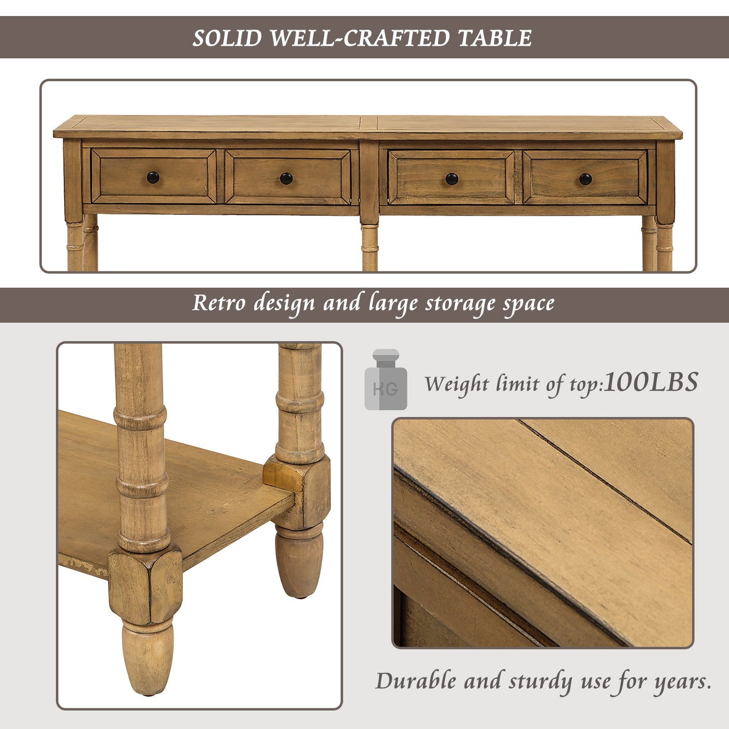 TREXM Table Sofa Table Easy Assembly with Two Storage Drawers and Bottom Shelf for Living Room, Entryway (Old Pine)