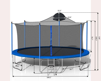 14FT Trampoline for Adults & Kids with Basketball Hoop, Outdoor Trampolines w/Ladder and Safety Enclosure Net for Kids and Adults