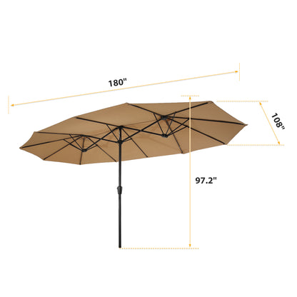 15x9ft Large Double-Sided Rectangular Outdoor Twin Patio Market Umbrella w/Crank- taupe