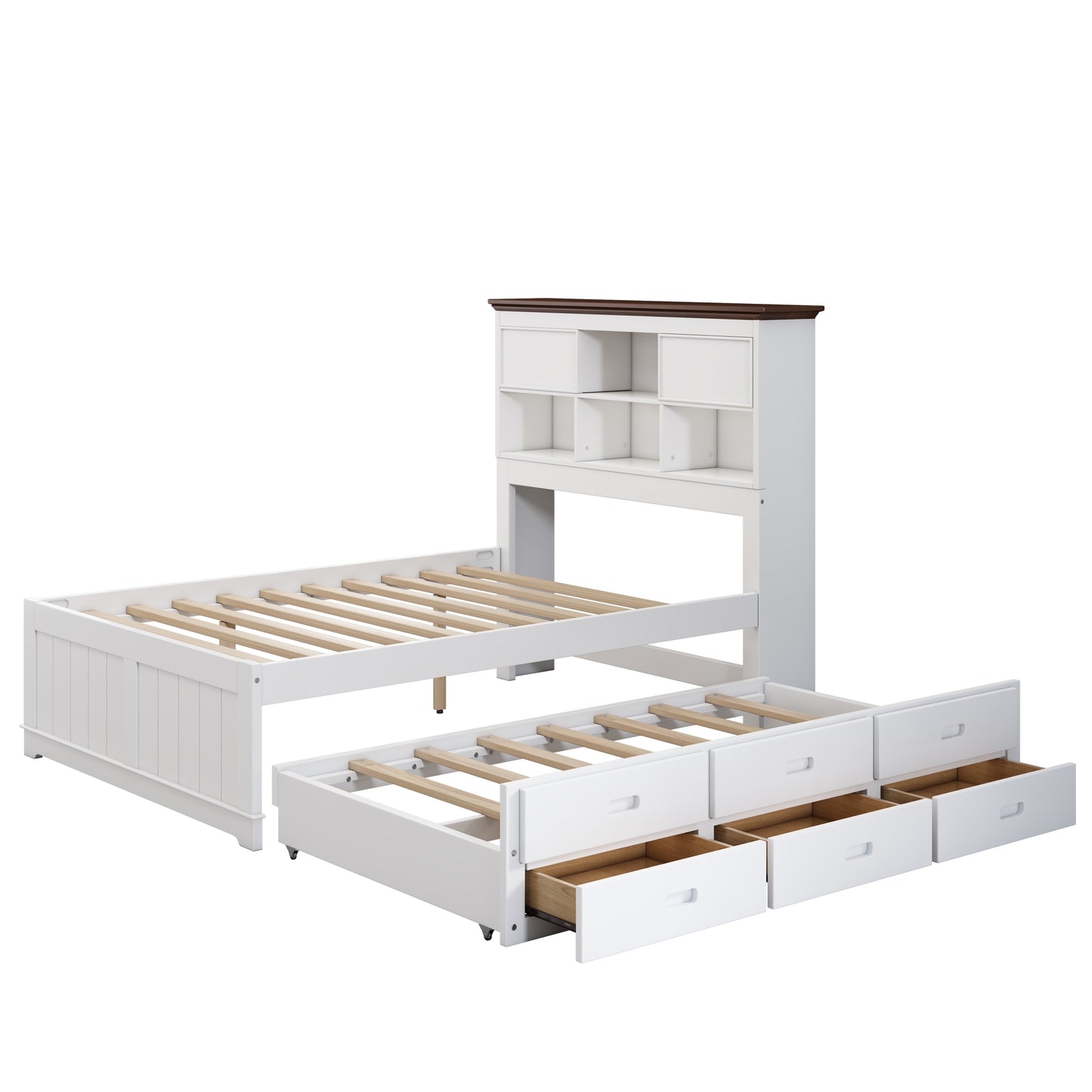 Captain Bookcase Bed-Solid Pine Bed with Trundle Bed and 3 Spacious Under Bed Drawers in Full Size- White Walnut