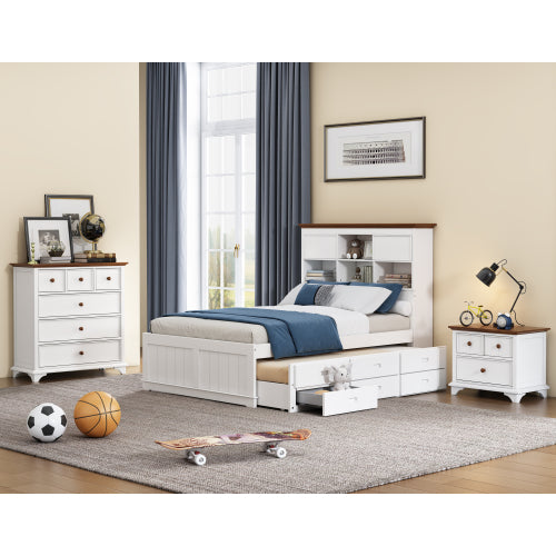 3 Pieces Wooden Captain Bedroom Set Twin Bed with Trundle, Nightstand and Chest, White + Walnut