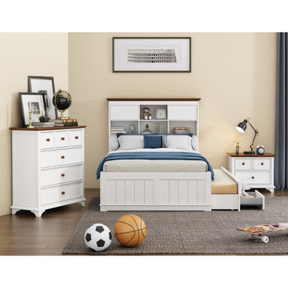 3 Pieces Wooden Captain Bedroom Set Twin Bed with Trundle, Nightstand and Chest, White + Walnut