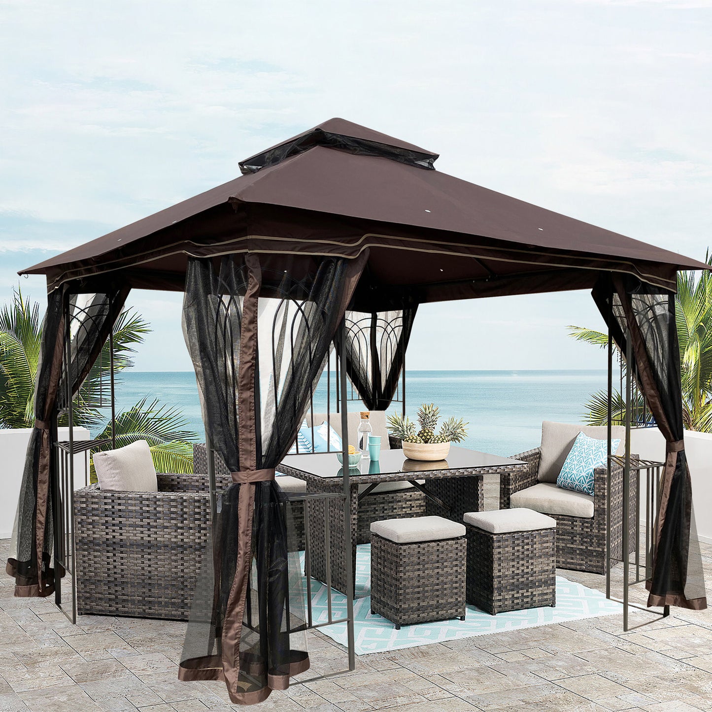 10x10 Outdoor Patio Gazebo Canopy Tent With Ventilated Double Roof And Mosquito net (Detachable Mesh Screen On All Sides)-Brown Top