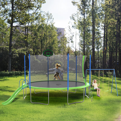 14FT Trampoline with Slide and Swings, ASTM Approved Large Recreational Trampoline with Basketball Hoop and Ladder,Outdoor Backyard Trampoline with Net, Capacity for Kids and Adults