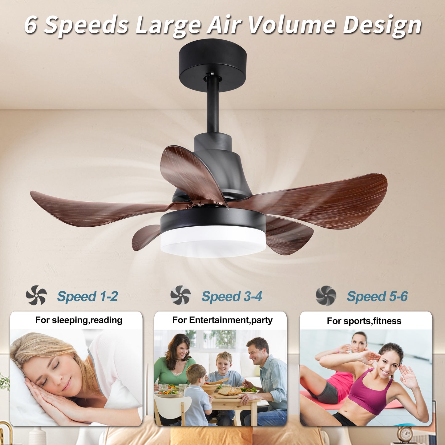 28 lnch Ceiling Fan with Lights Remote Control, Small Ceiling Fan Flush Mount, 5 Reversible Blades, Low Profile Ceiling Fan Light with 6 Speeds 3 Colors for Bedroom Kitchen