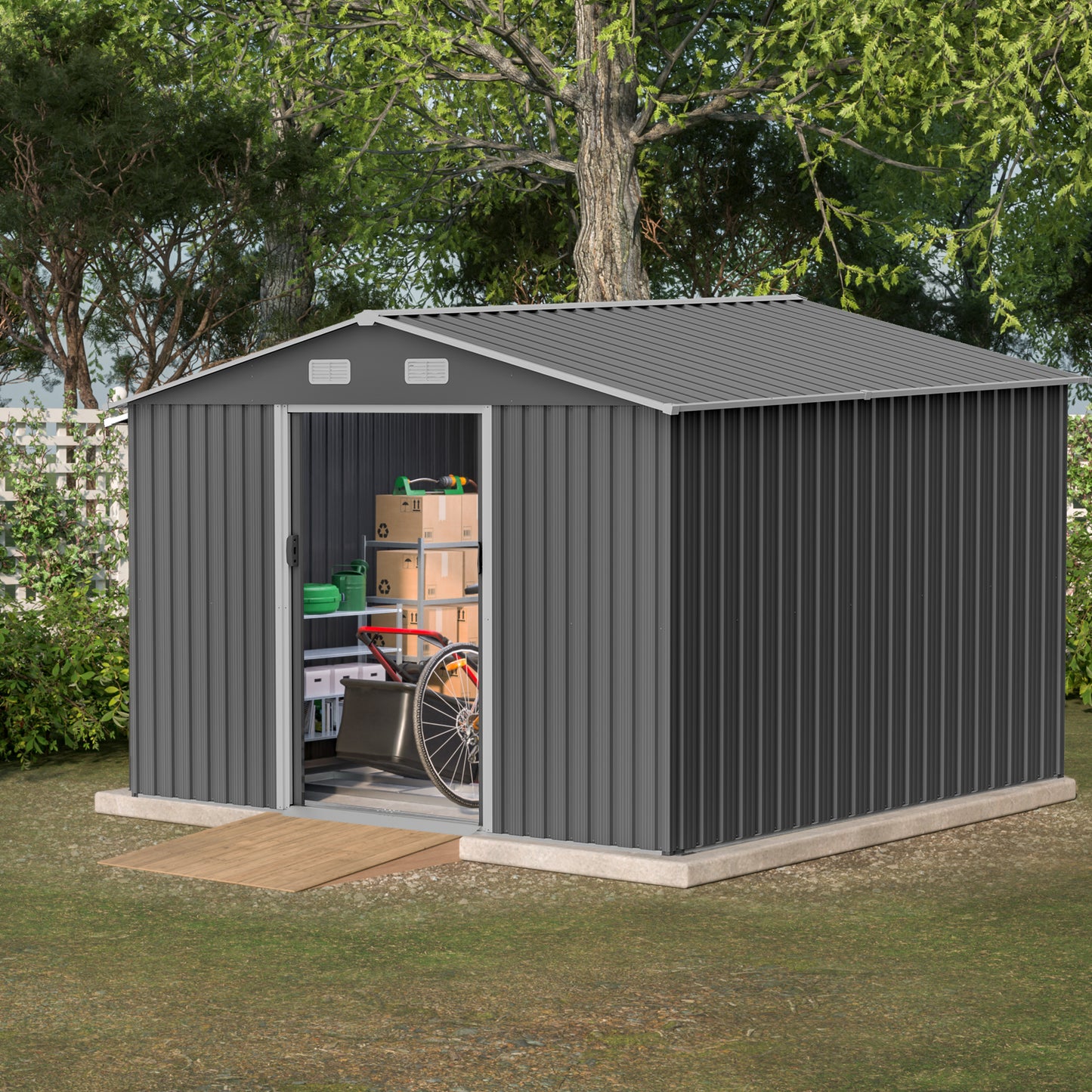 10X8 FT Outdoor Storage Shed, All Weather Metal Sheds with Metal Foundation & Lockable Doors, Tool Shed for Garden, Patio, Backyard, Lawn, Grey