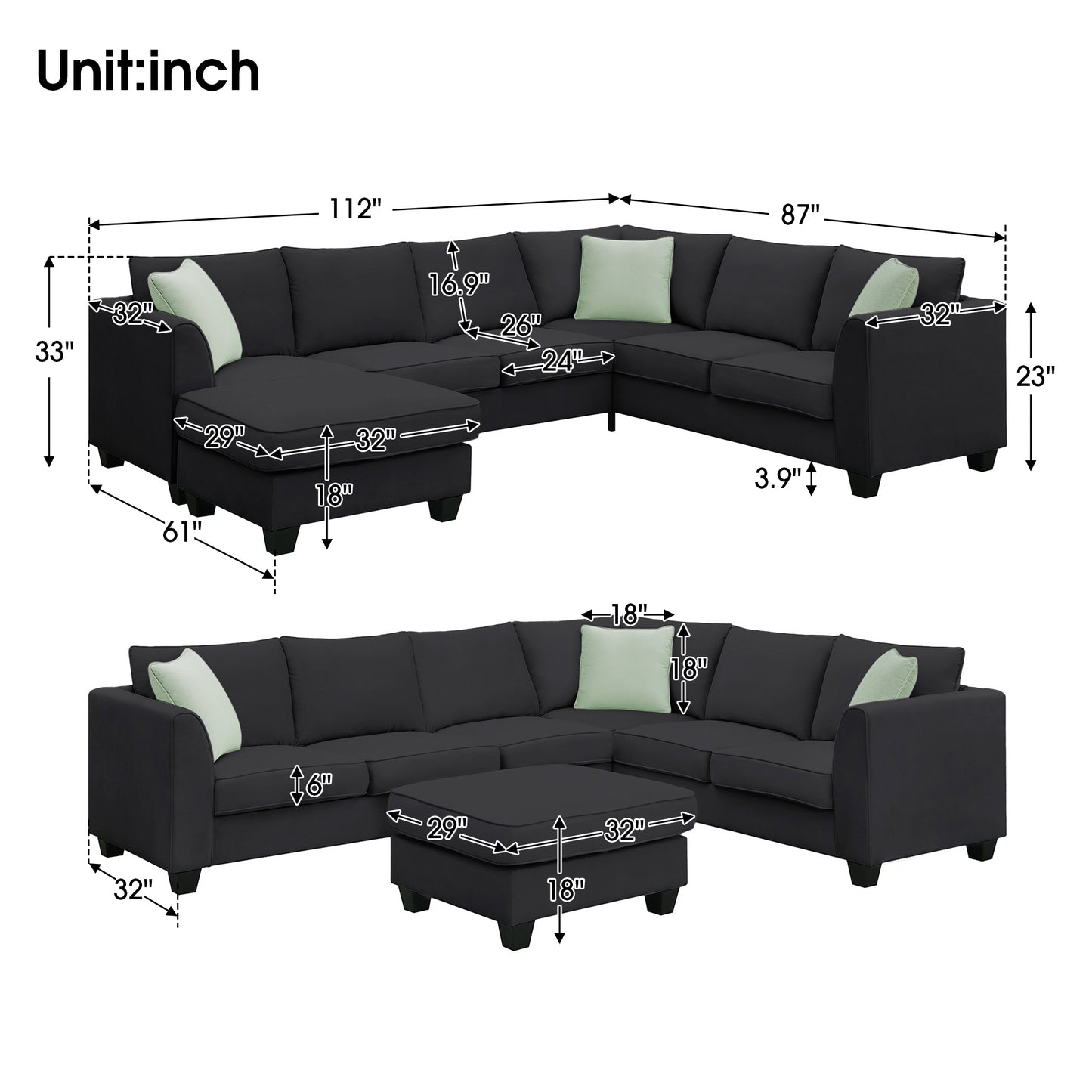 Sectional Sofa - Couch - Living Room Sets, 7 Seats Modular Sectional Sofa with Ottoman, L Shape Fabric Sofa Corner Couch Set with 3 Pillows, Black [VIDEO provided] 112"L X 87"W