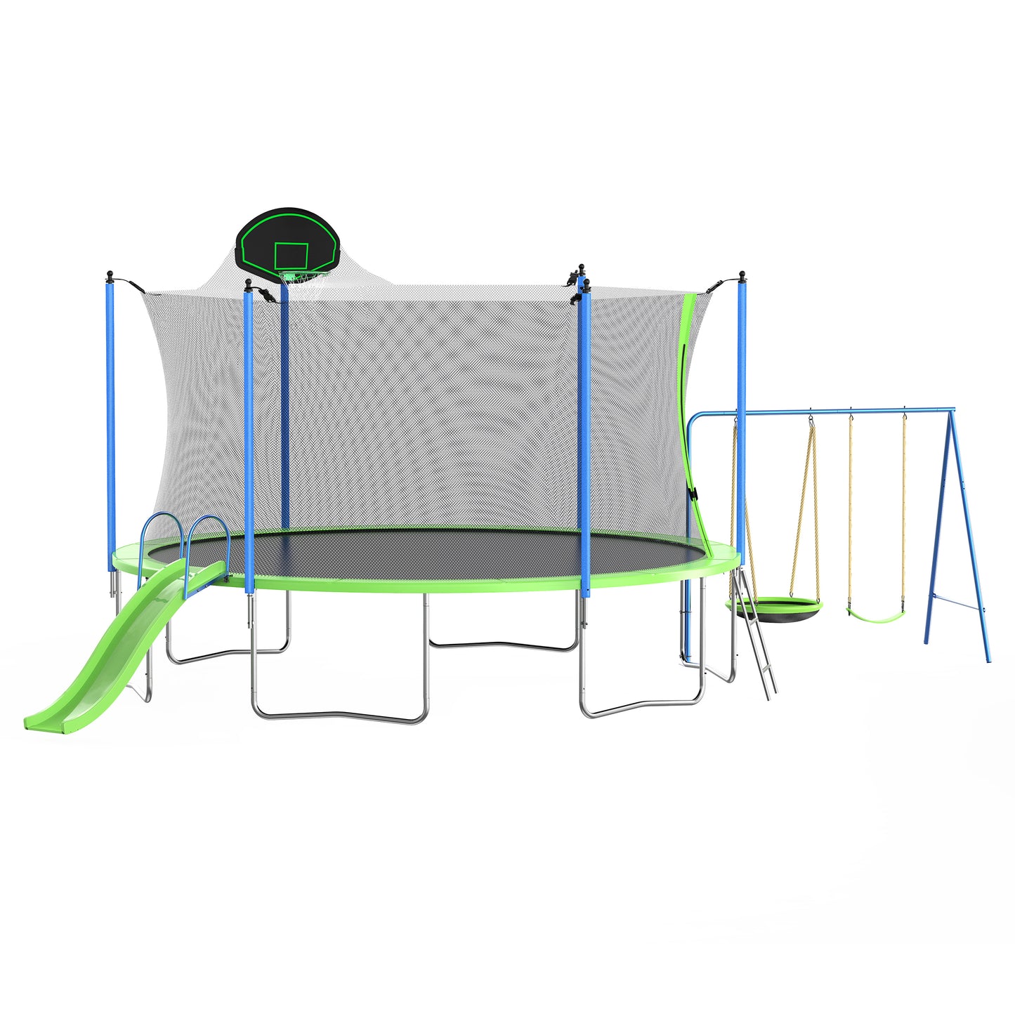 14FT Trampoline with Slide and Swings, ASTM Approved Large Recreational Trampoline with Basketball Hoop and Ladder,Outdoor Backyard Trampoline with Net, Capacity for Kids and Adults