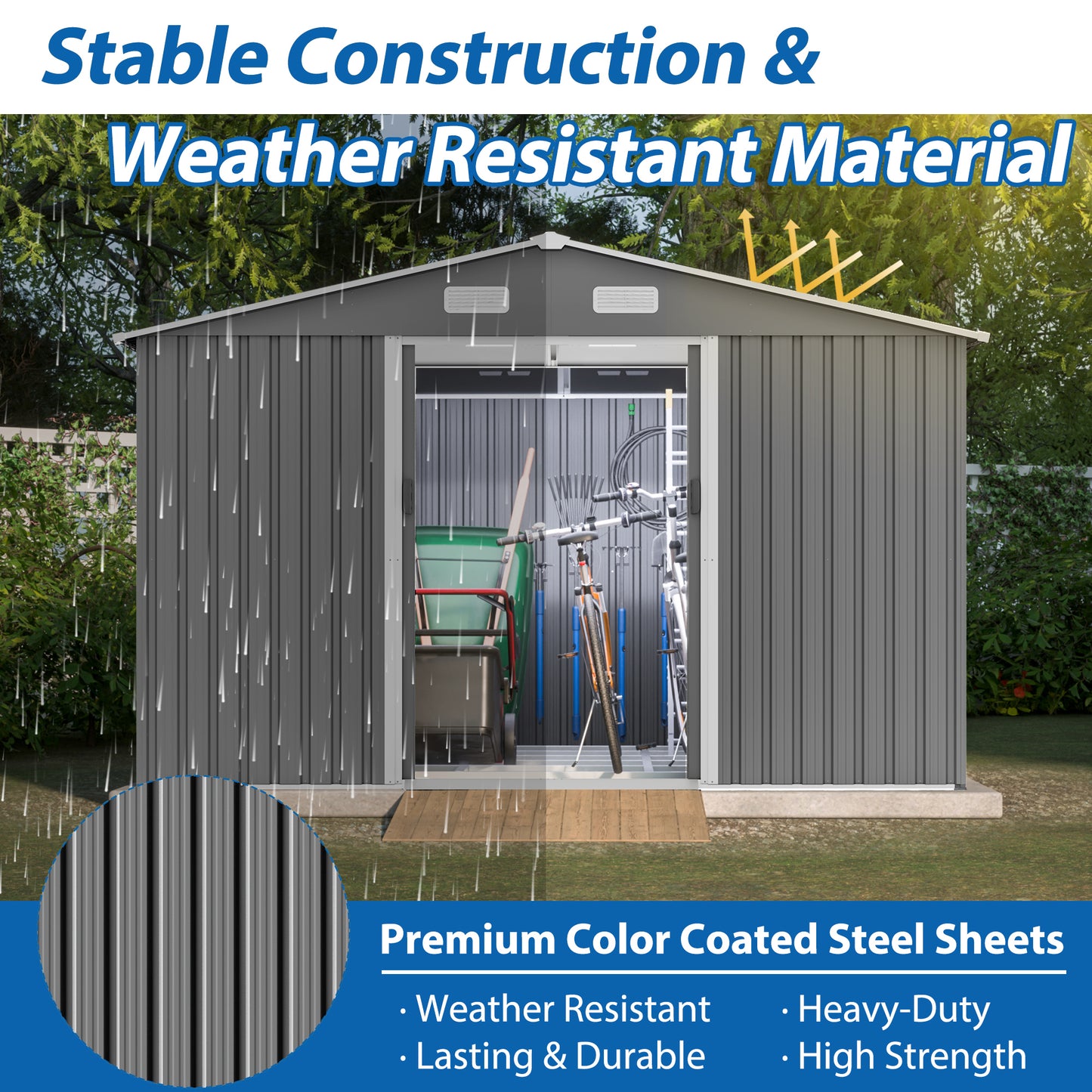 10X8 FT Outdoor Storage Shed, All Weather Metal Sheds with Metal Foundation & Lockable Doors, Tool Shed for Garden, Patio, Backyard, Lawn, Grey