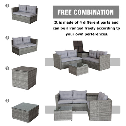 4 Piece Patio Sectional Wicker Rattan Outdoor Furniture Sofa Set with Storage Box Grey