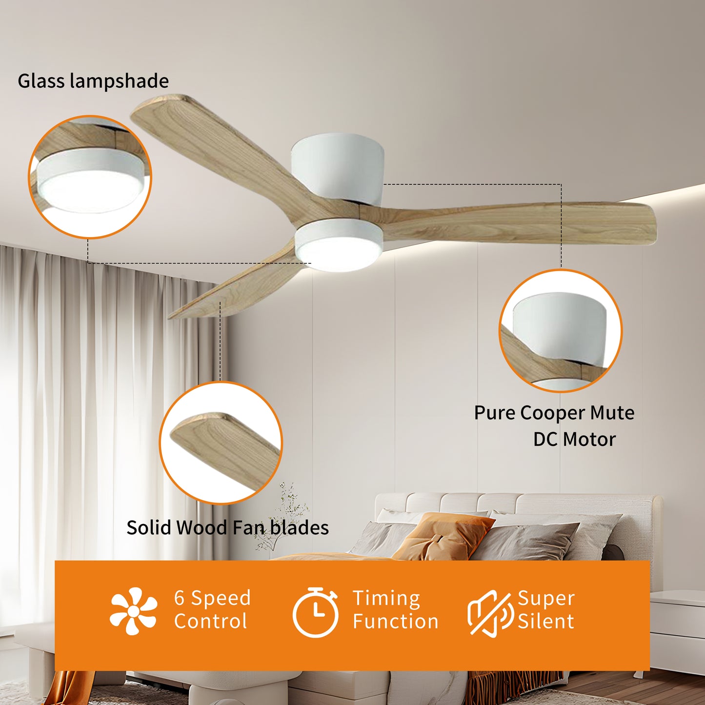 42 inch White Wood Ceiling Fans with Lights and Remote, Modern Flush Mount Low Profile Ceiling Fan with Light, 6 Speed, Reversible DC Motor, for Bedroom/Outdoor/Farmhouse/Patios