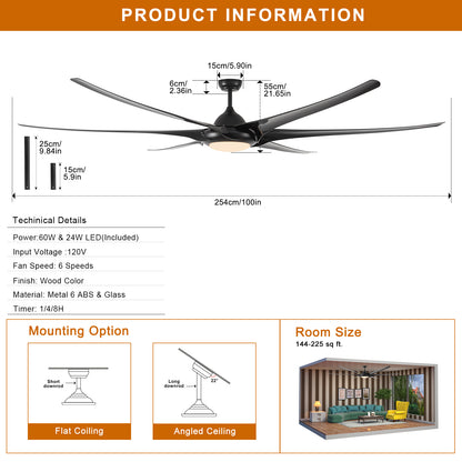 100" Indoor/Outdoor Ceiling Fan With Lights and Remote - Reversible 6 Speed DC Motor - Black