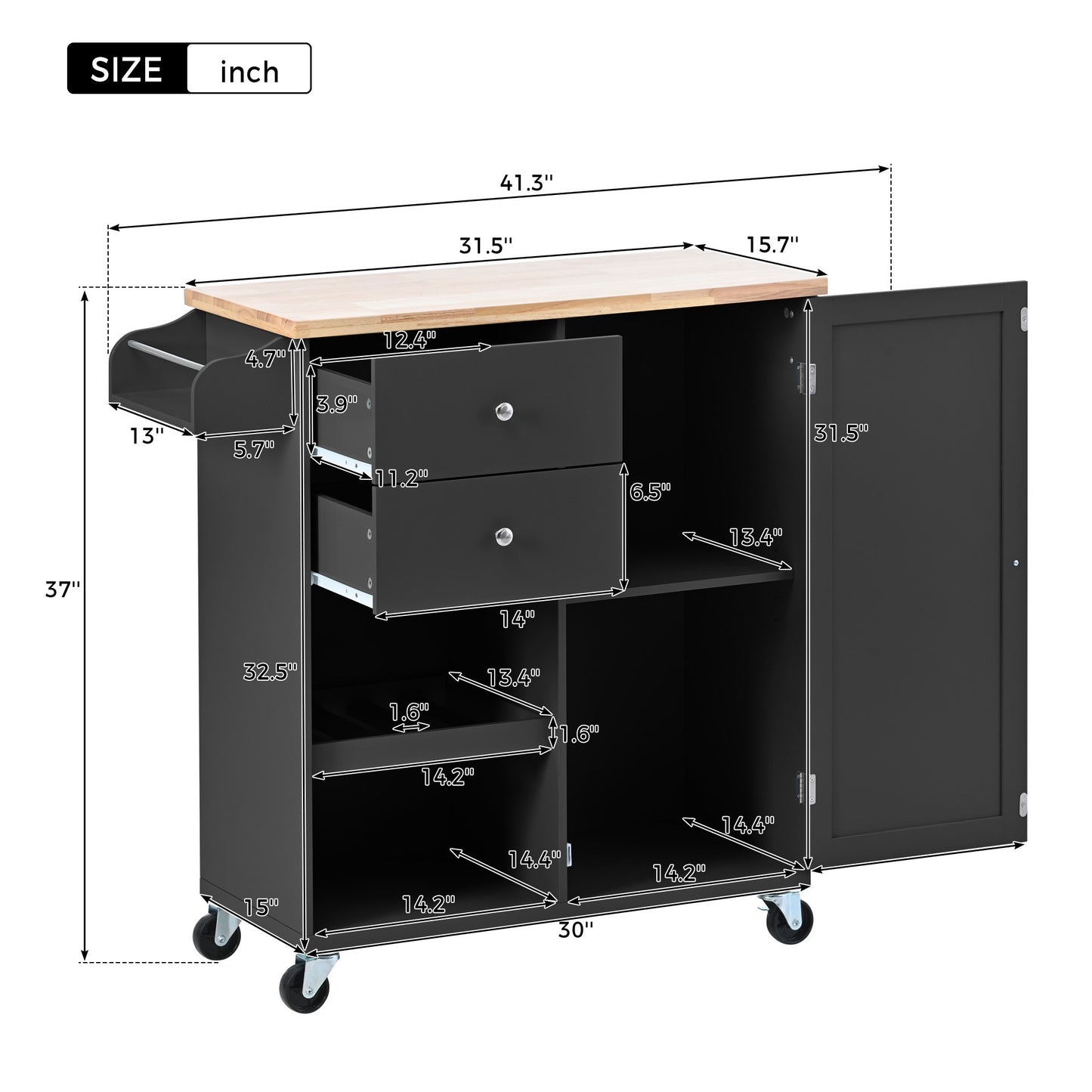 K&K Store Kitchen Cart with Spice Rack ,Towel Rack & Two Drawers,Rubber wood top,Kitchen Island with 4 Wheels for Dining Rooms Kitchens Living Rooms, Black