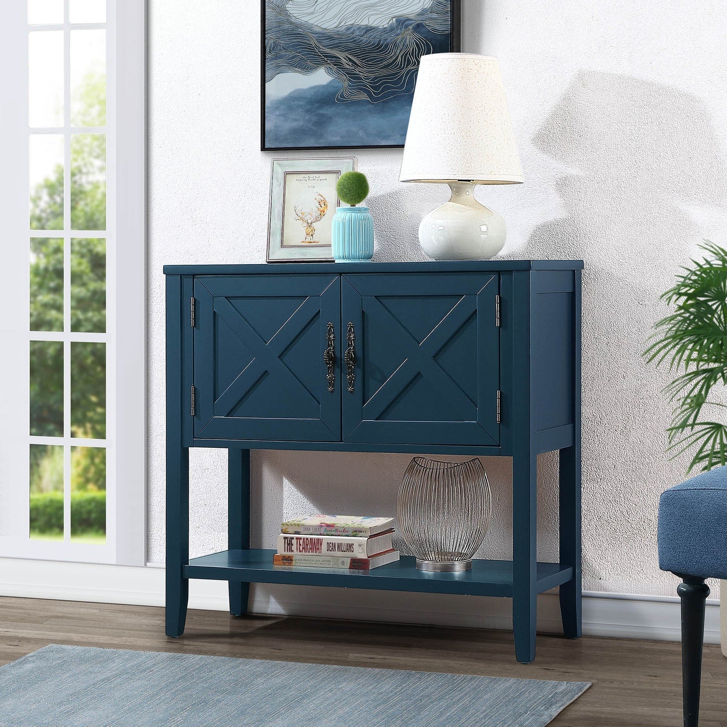 35'' Farmhouse Wood Buffet Sideboard Console Table with Bottom Shelf and 2-Door Cabinet, for Living Room, Entryway,Kitchen Dining Room Furniture (Navy Blue)