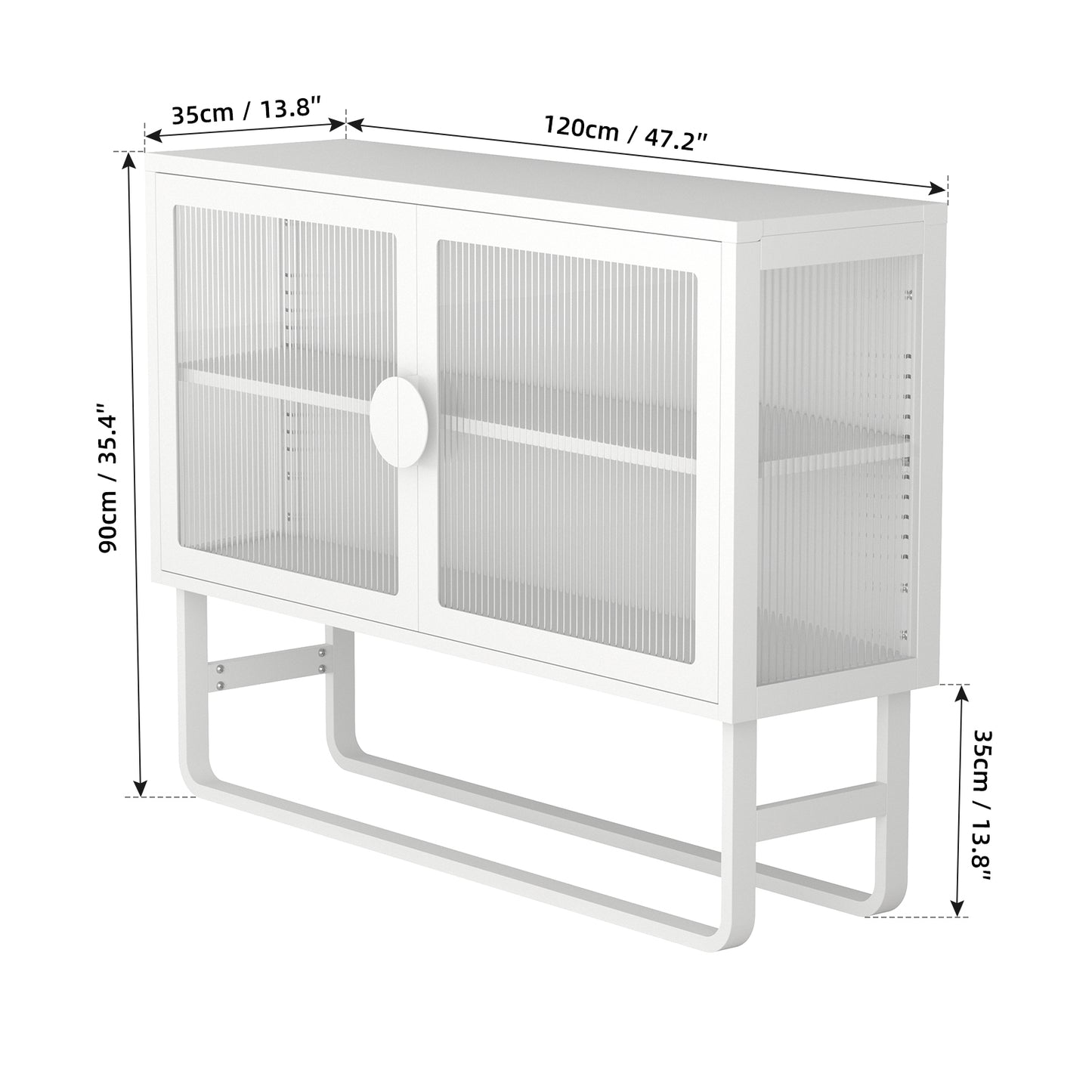 Tempered Glass Cabinet Credenza with 2 Fluted Glass Doors Adjustable Shelf U-shaped Leg Anti-Tip Dust-free Enclosed Cupboard for Living Room and Kitchen-White