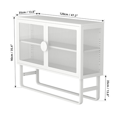 Tempered Glass Cabinet Credenza with 2 Fluted Glass Doors Adjustable Shelf U-shaped Leg Anti-Tip Dust-free Enclosed Cupboard for Living Room and Kitchen-White