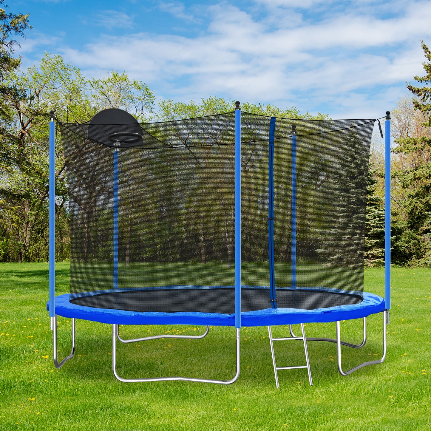 12FT Trampoline for Adults & Kids with Basketball Hoop, Outdoor Trampolines w/Ladder and Safety Enclosure Net for Kids and adults