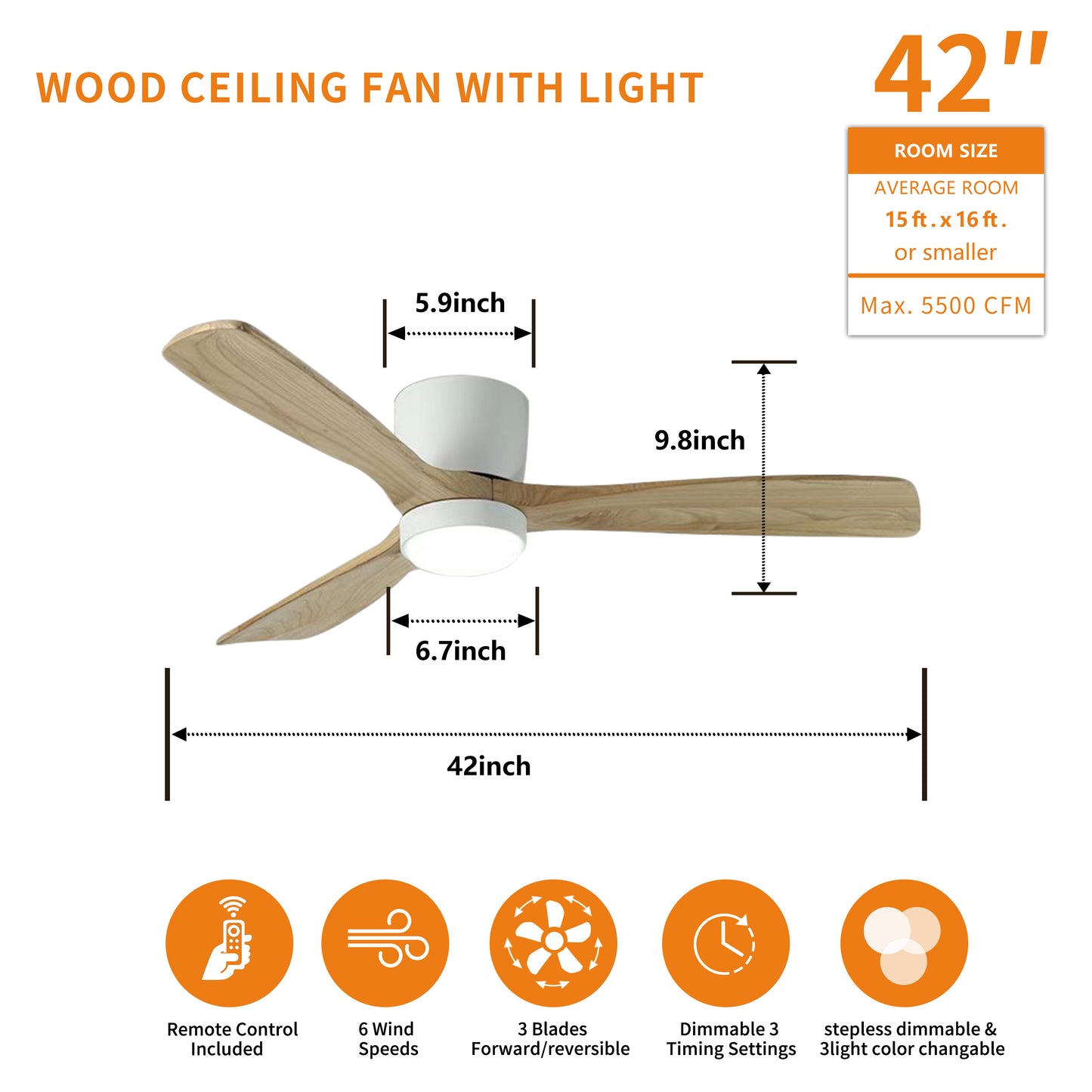 42 inch White Wood Ceiling Fans with Lights and Remote, Modern Flush Mount Low Profile Ceiling Fan with Light, 6 Speed, Reversible DC Motor, for Bedroom/Outdoor/Farmhouse/Patios