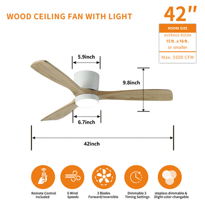 42 inch White Wood Ceiling Fans with Lights and Remote, Modern Flush Mount Low Profile Ceiling Fan with Light, 6 Speed, Reversible DC Motor, for Bedroom/Outdoor/Farmhouse/Patios