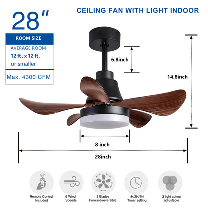 28 lnch Ceiling Fan with Lights Remote Control, Small Ceiling Fan Flush Mount, 5 Reversible Blades, Low Profile Ceiling Fan Light with 6 Speeds 3 Colors for Bedroom Kitchen