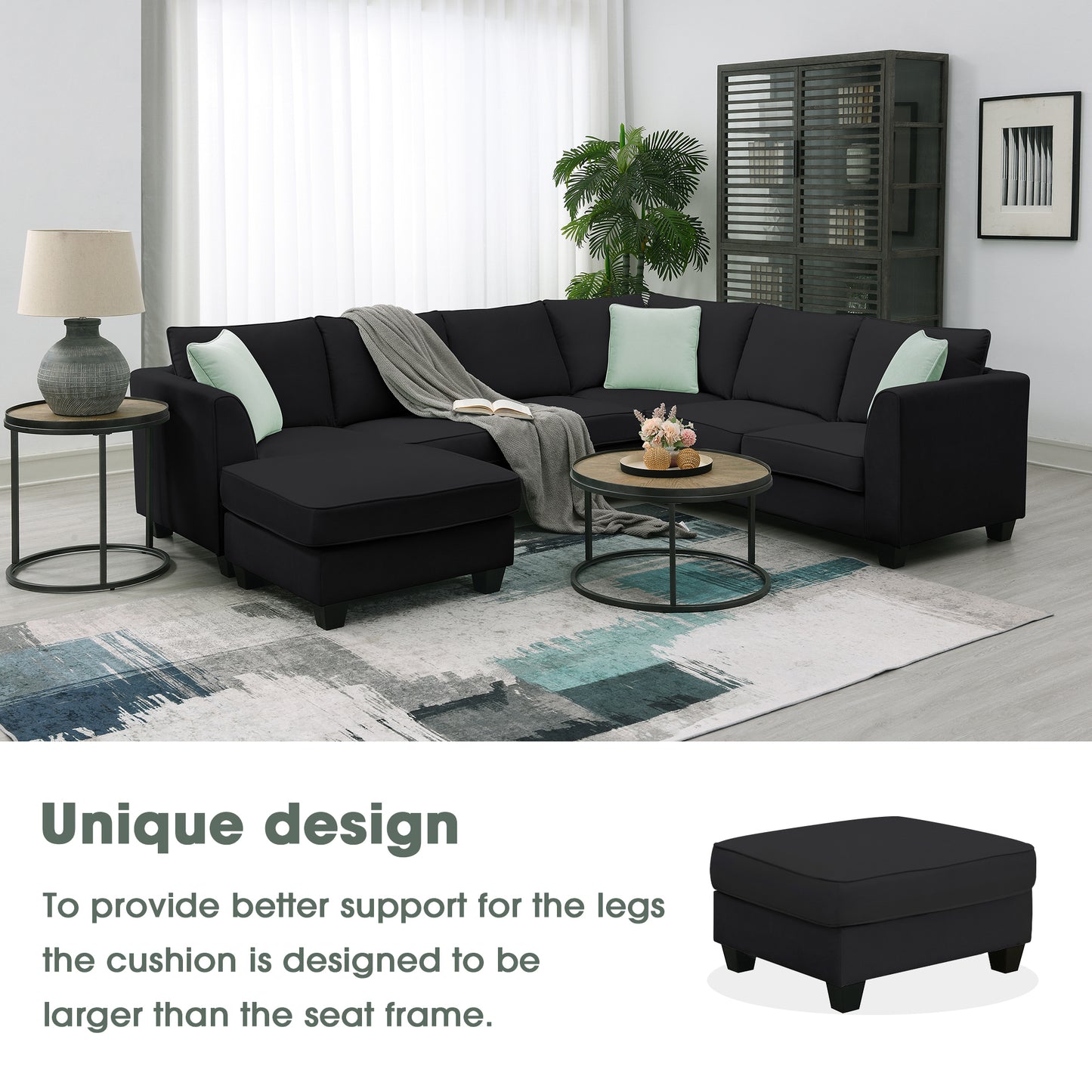 Sectional Sofa - Couch - Living Room Sets, 7 Seats Modular Sectional Sofa with Ottoman, L Shape Fabric Sofa Corner Couch Set with 3 Pillows, Black [VIDEO provided] 112"L X 87"W