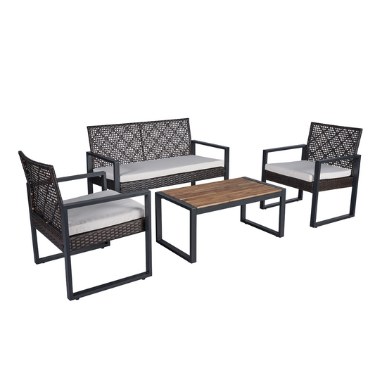 4-Piece Patio Furniture Set Outdoor Balcony Porch Garden Backyard Lawn Furniture Acacia Wood Table Top, Morden Brown and Beige Cushion