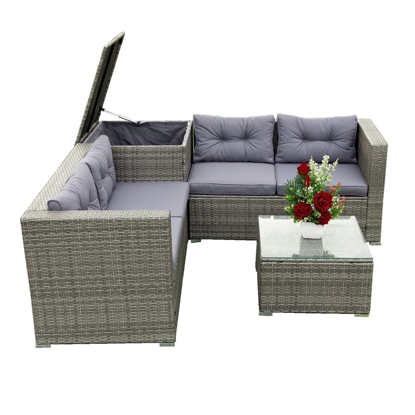 4 Piece Patio Sectional Wicker Rattan Outdoor Furniture Sofa Set with Storage Box Grey