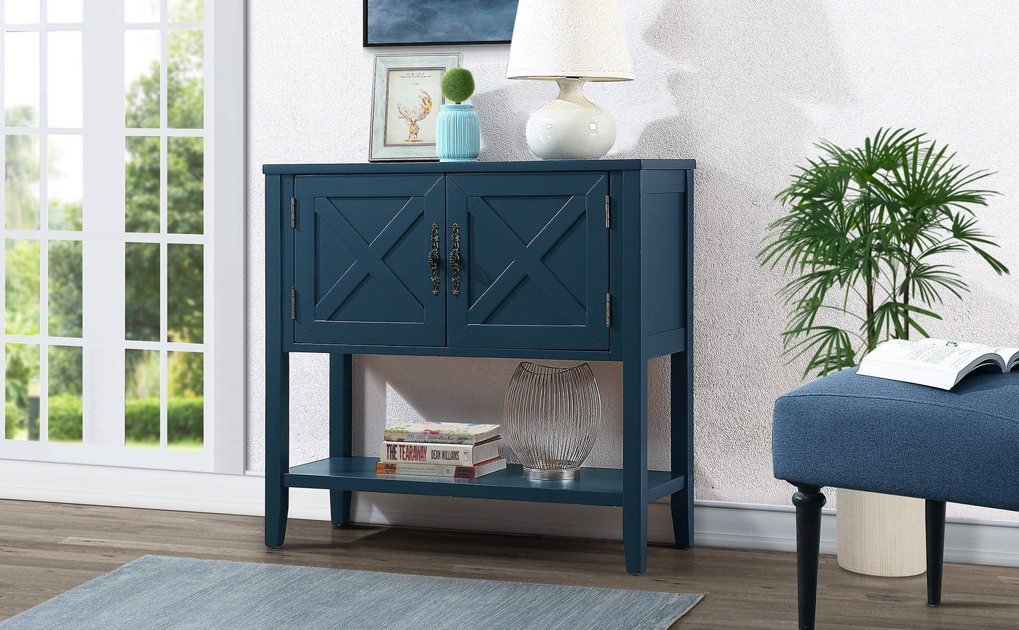 35'' Farmhouse Wood Buffet Sideboard Console Table with Bottom Shelf and 2-Door Cabinet, for Living Room, Entryway,Kitchen Dining Room Furniture (Navy Blue)