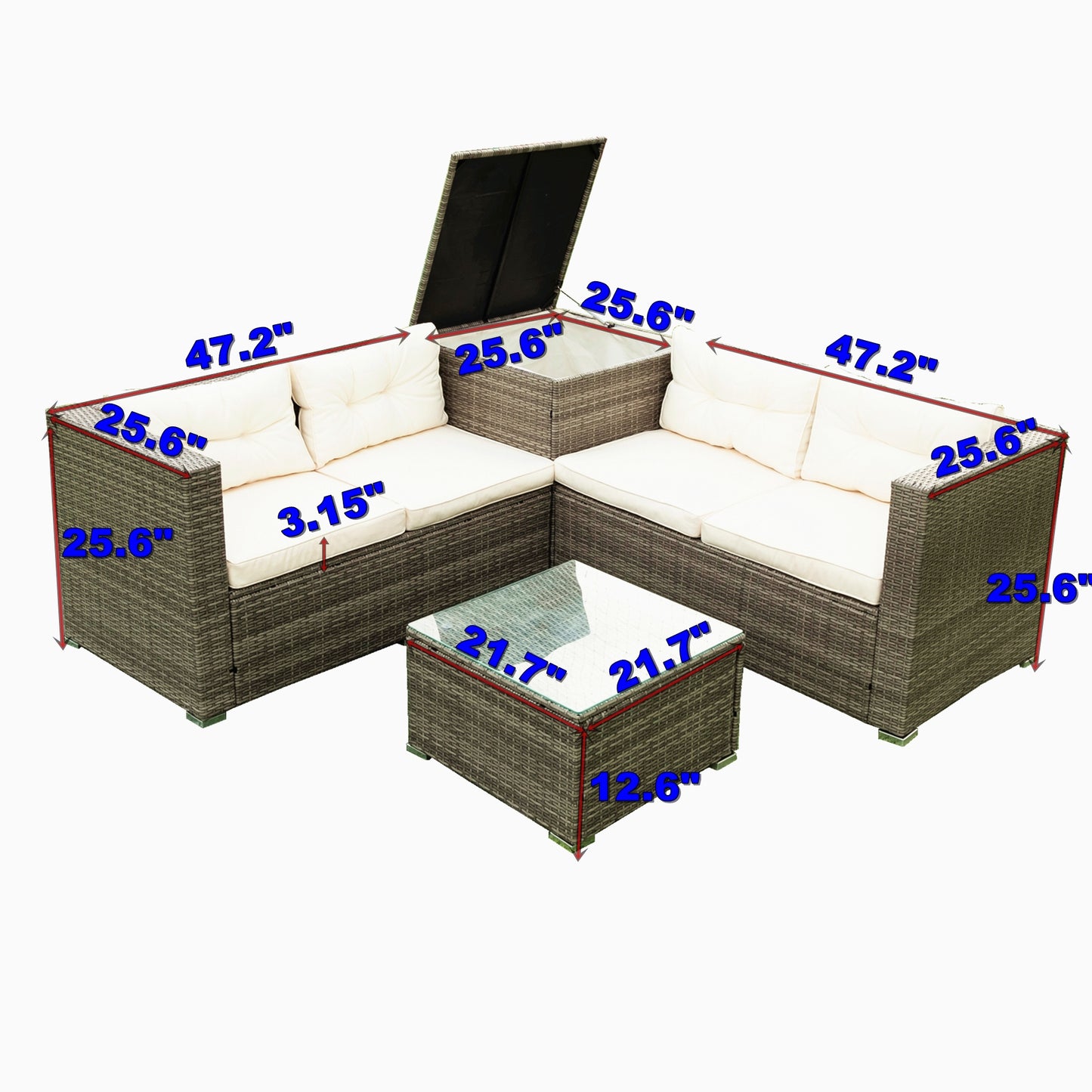 4 Piece Patio Sectional Wicker Rattan Outdoor Furniture Sofa Set with Storage Box - Creme