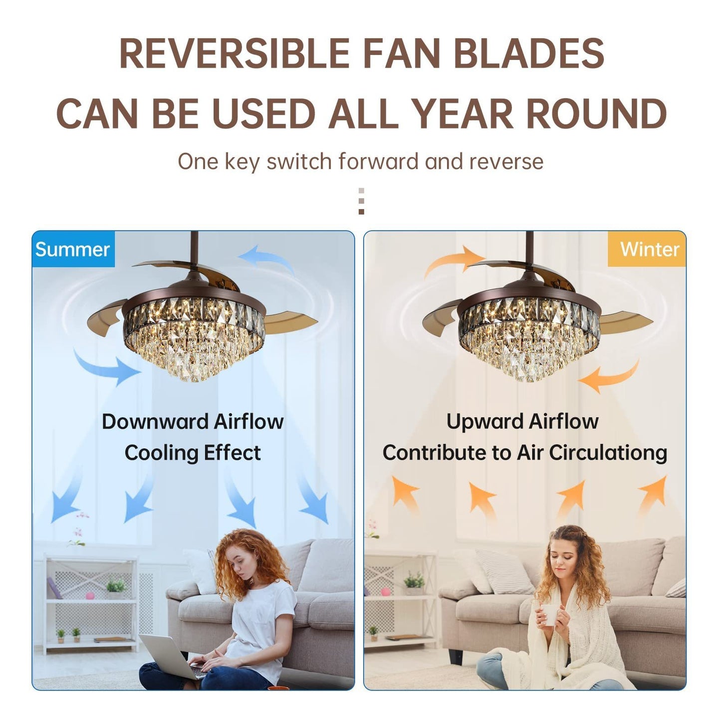 42"Chandelier Ceiling Fan Retractable Ceiling Fans with Lights and Remote Control 6 Speed LED 72w Diammable Invisible  Crystal Ceiling Fan Modern Light for Bedroom Indoor Living Room