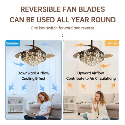 42"Chandelier Ceiling Fan Retractable Ceiling Fans with Lights and Remote Control 6 Speed LED 72w Diammable Invisible  Crystal Ceiling Fan Modern Light for Bedroom Indoor Living Room