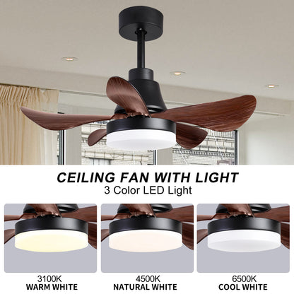 28 lnch Ceiling Fan with Lights Remote Control, Small Ceiling Fan Flush Mount, 5 Reversible Blades, Low Profile Ceiling Fan Light with 6 Speeds 3 Colors for Bedroom Kitchen