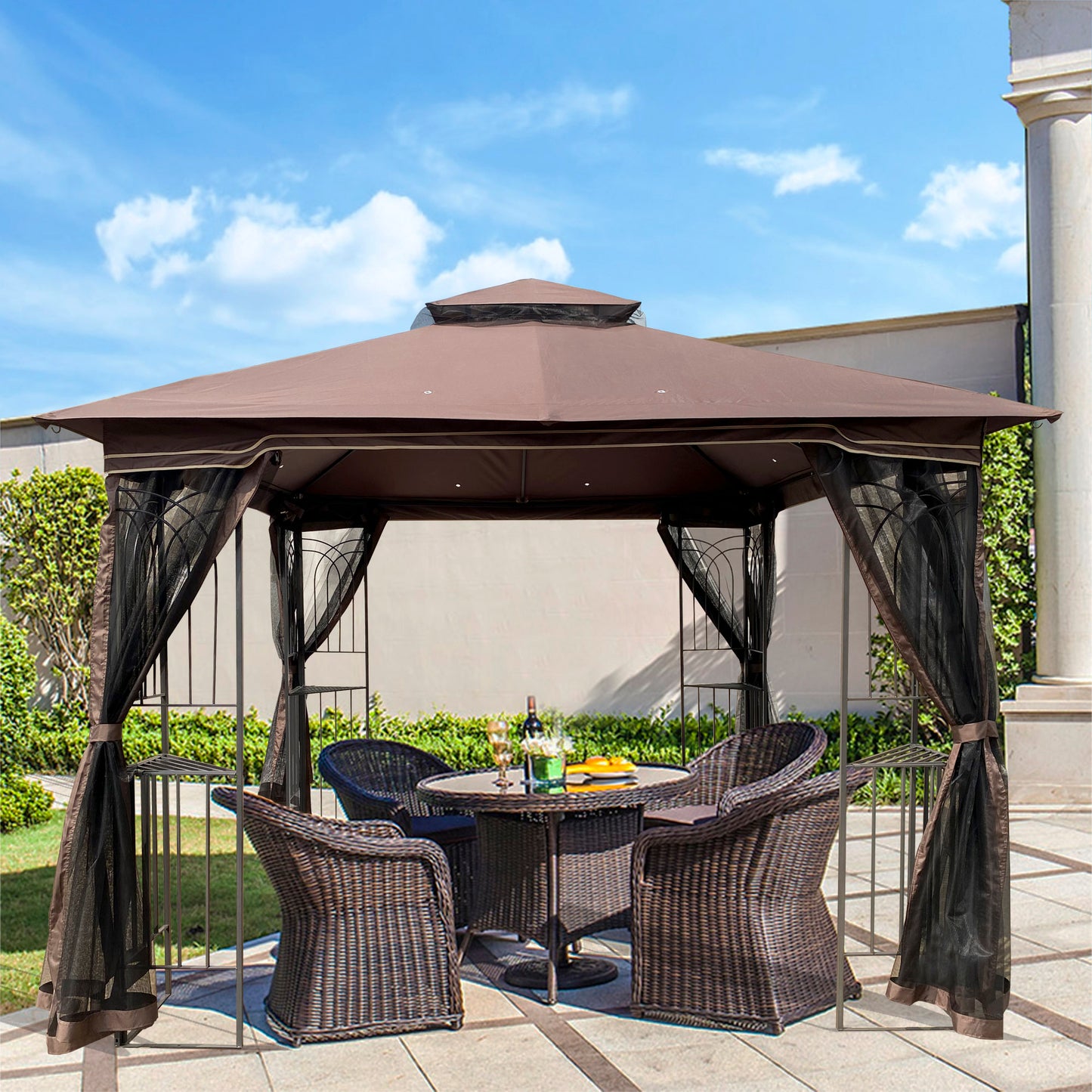 10x10 Outdoor Patio Gazebo Canopy Tent With Ventilated Double Roof And Mosquito net (Detachable Mesh Screen On All Sides)-Brown Top