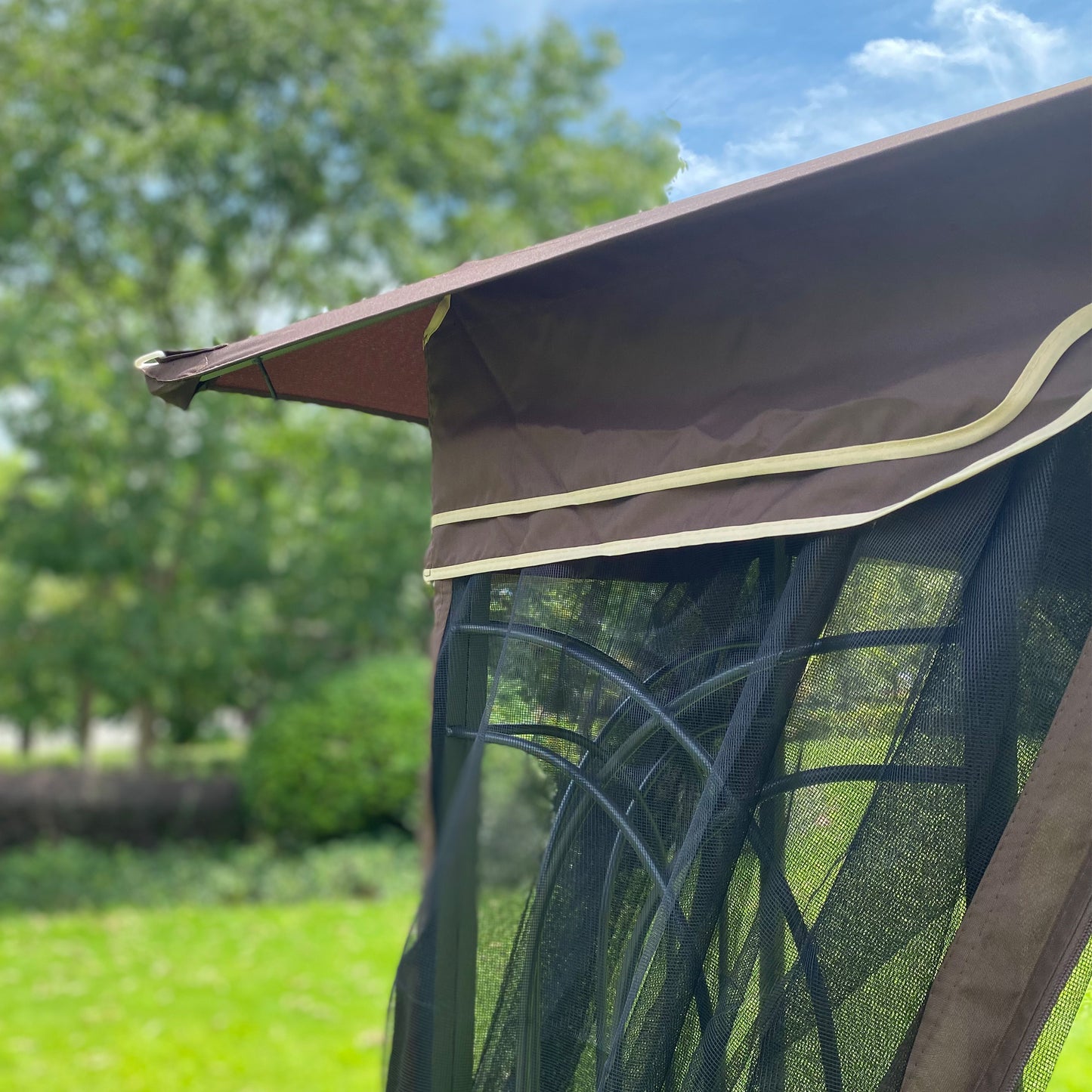 10x10 Outdoor Patio Gazebo Canopy Tent With Ventilated Double Roof And Mosquito net (Detachable Mesh Screen On All Sides)-Brown Top