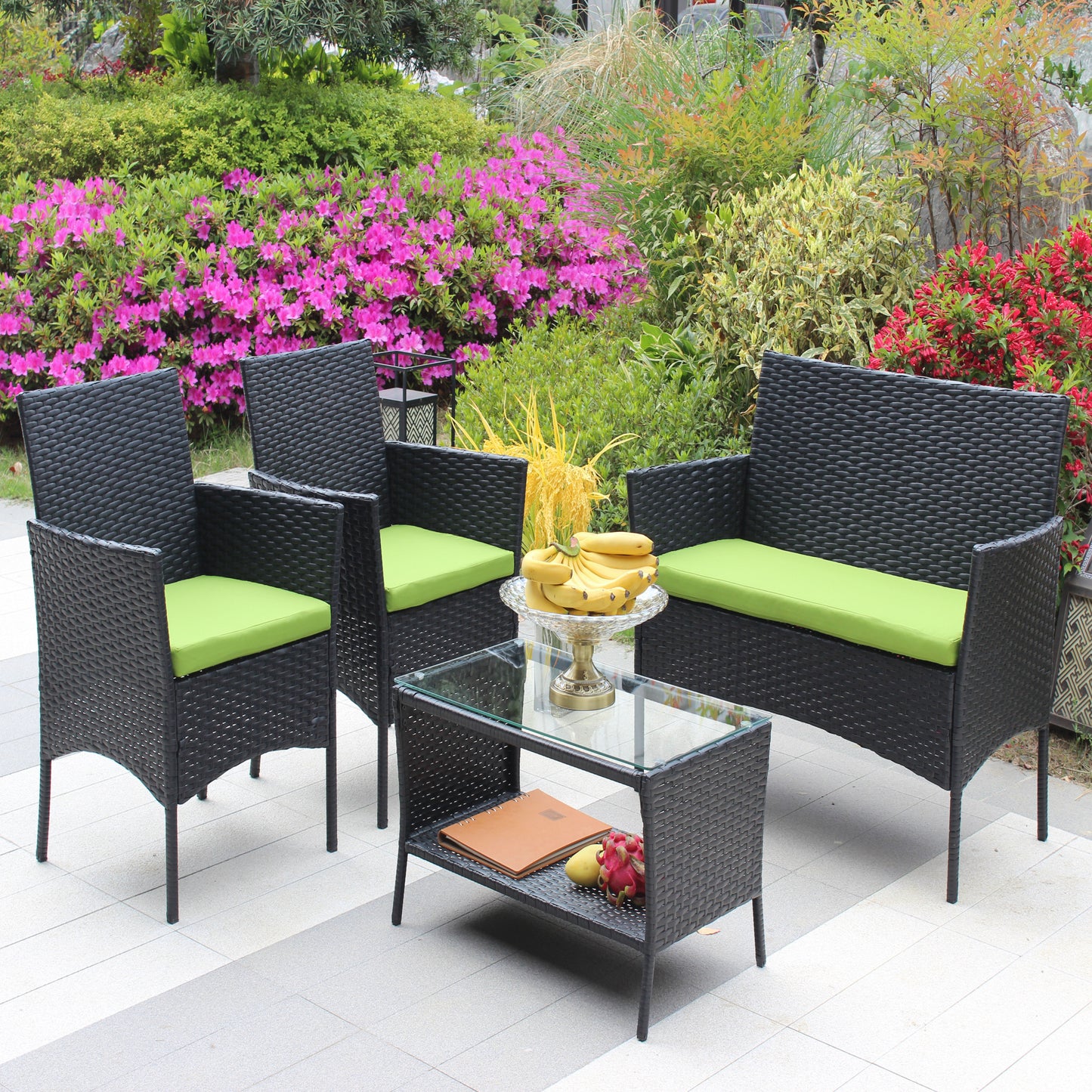 4 PC Rattan Patio Furniture Set Outdoor Patio Cushioned Seat Wicker Sofa (green Cushion)