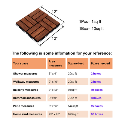 10 PCS Interlocking Deck Tiles Checker Pattern, 12" x 12" Square Brown Acacia Hardwood Outdoor Flooring for Patio, Bancony, Pool Side,...