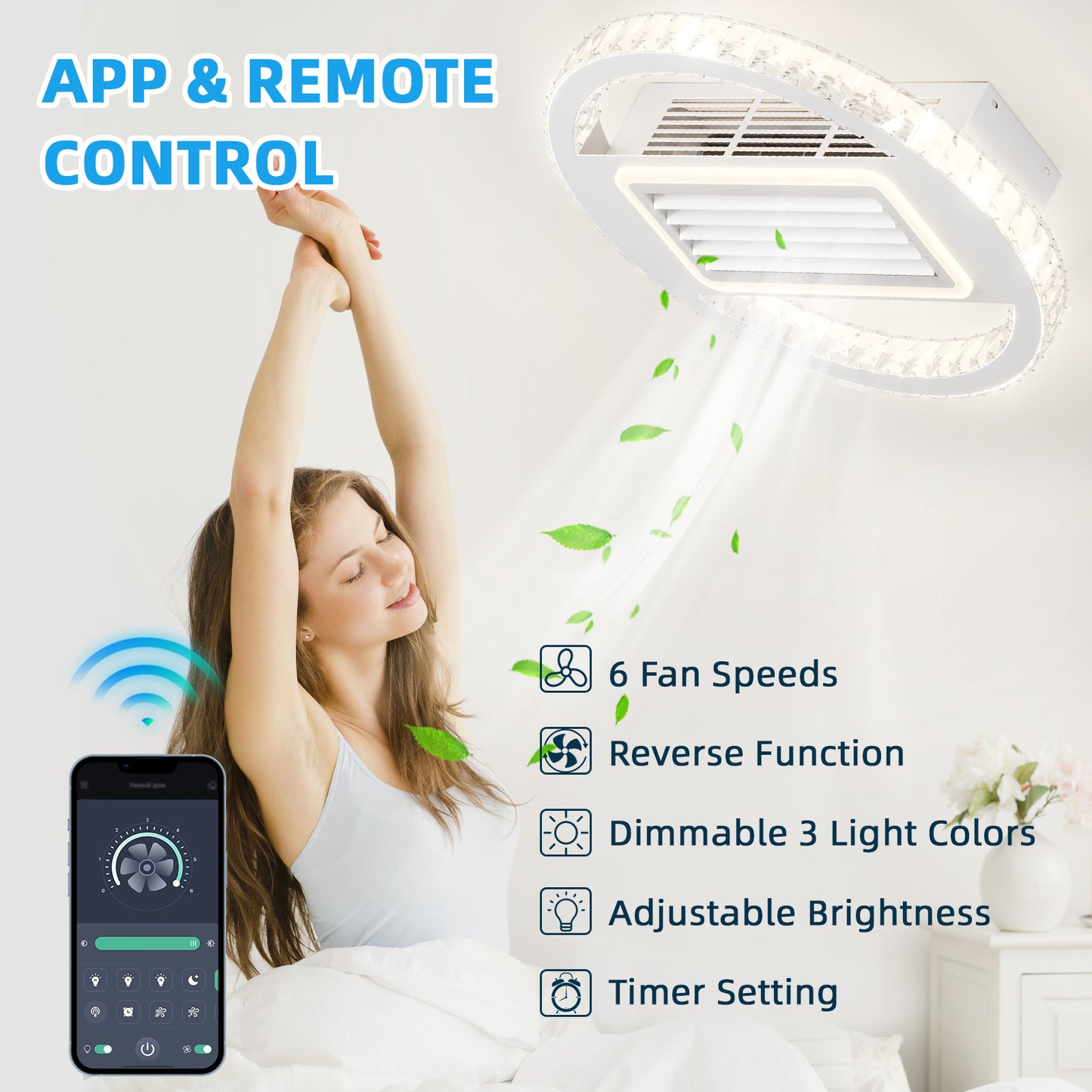 21-Inches Bladeless Ceiling Fan with Lights Remote Control Dimmable LED, 6 Gear Wind Speed Fan Light