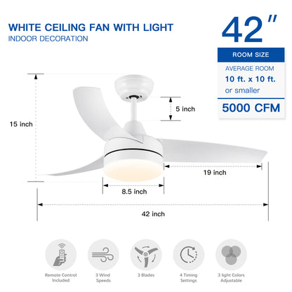 42 In Intergrated LED Ceiling Fan Lighting with White ABS Blade