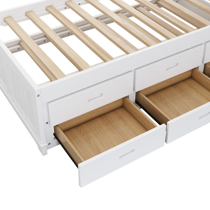 Captain Bookcase Bed-Solid Pine Bed with Trundle Bed and 3 Spacious Under Bed Drawers in Full Size- White Walnut