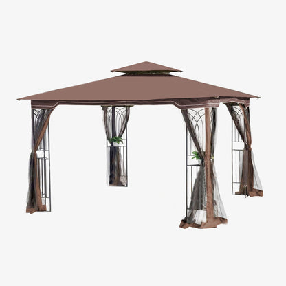 10x10 Outdoor Patio Gazebo Canopy Tent With Ventilated Double Roof And Mosquito net (Detachable Mesh Screen On All Sides)-Brown Top