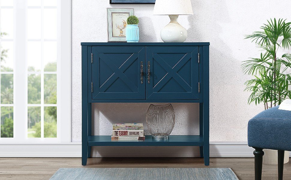 35'' Farmhouse Wood Buffet Sideboard Console Table with Bottom Shelf and 2-Door Cabinet, for Living Room, Entryway,Kitchen Dining Room Furniture (Navy Blue)